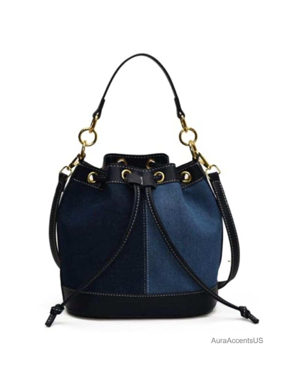 Drawstring Bucket Bag Canvas Faux Leather Crossbody Shoulder Purse